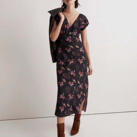 Madewell Wide V Neck Midi Dress In Floral Cupro Blend 90s Size 0 - Picture 1 of 5